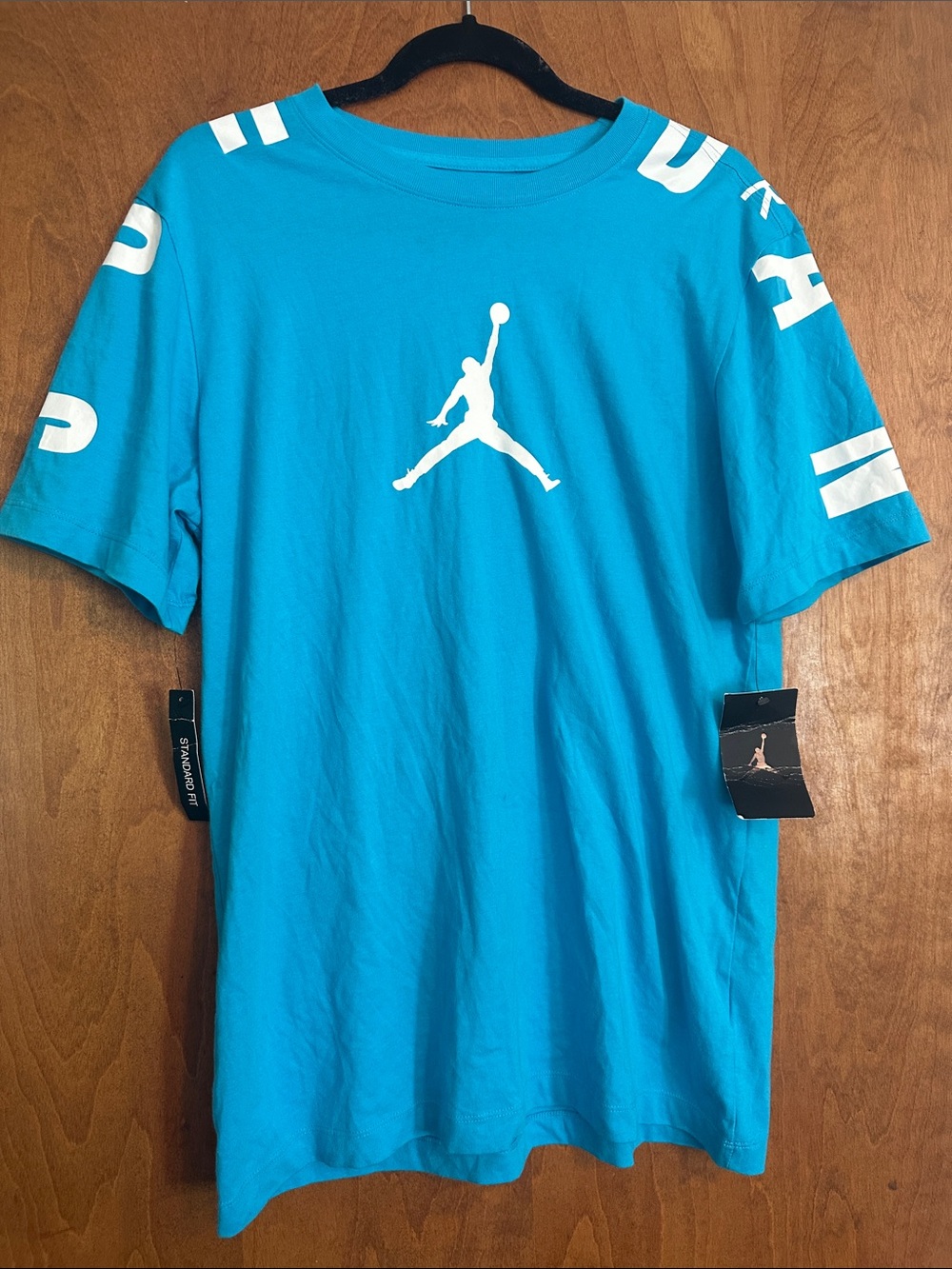 Air Jordan Teal Blue Jumpman Logo Tee with Jordan Printed Shoulders Activewear - Picture 2 of 5
